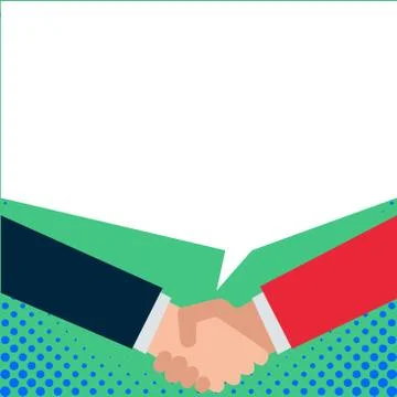 Just two men hands shanking showing agreement sharing blank speech bubble with Stock Illustration