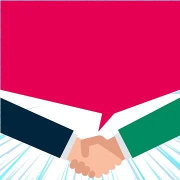 Just two men hands shanking showing agreement sharing blank speech bubble with Stock Illustration