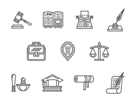 Justice and law black line vector icons set Stock Illustration