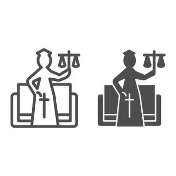 Justice figure line and solid icon. Stylized goddess of justice, themis and book 스톡 일러스트