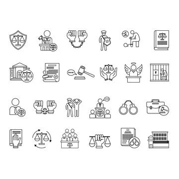 Justice Icon Set. Vector Illustrations Law, Court, Sentence, Lawyer, Legal,.. Stock Illustration