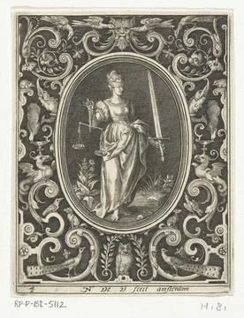 Justice in oval list within rectangular frame with ornaments; Four virtues... Stock Photos