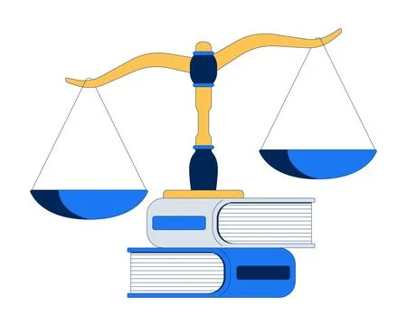 Justice scale standing on stack of law books 2D cartoon object Stock Illustration