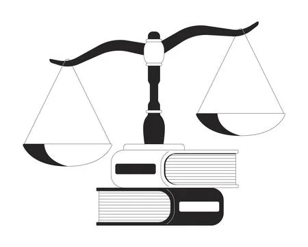 Justice scale standing on stack of law books 2D line object Stock Illustration
