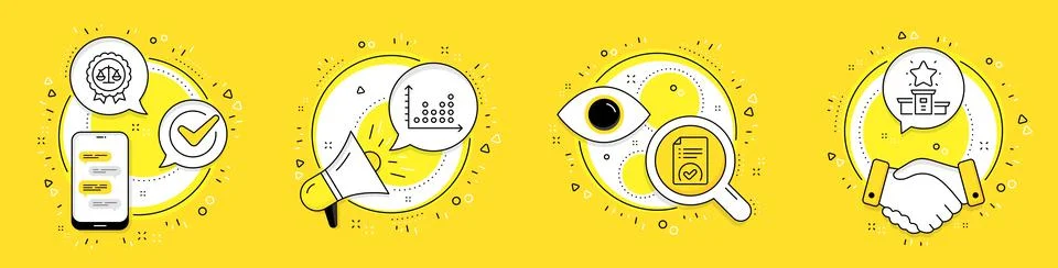 Justice scales, Dot plot and Approved document icons set. Winner podium sign Ilustración de archivo