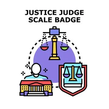 Justice system concept with judge, scale, and courthouse Stock Illustration