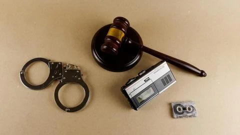Justice system elements with handcuffs, gavel, and voice recorder Stock Photos