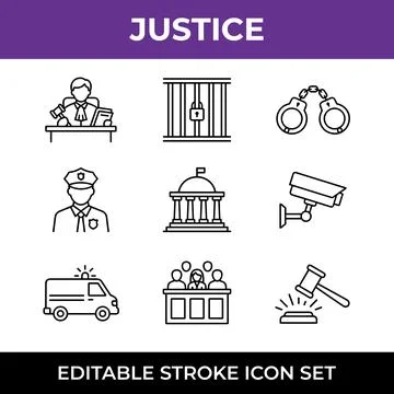 Justice system icons set including judge, courtroom, police officer, jail, .. Stock Illustration