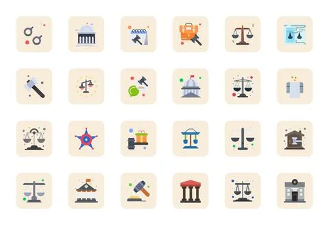 Justice Vector Icon Library with 24 Flat High Resolution Grid Fitted Designs Stock Illustration