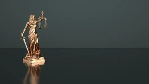 Justitia statue on a dark background. 3d illustration. Stock Illustration
