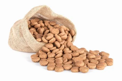 Jute bag with ginger nuts. Typical Dutch candy for Sinterklaas event in decem Stock Photos