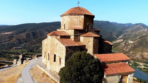 Jvari Monastery of Mtskheta in Georgia from drone view Stock Footage 123118627