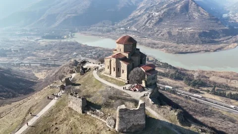 Jvari Monastery Overlooking Georgian Valleys in Winter Stock Footage 296235706
