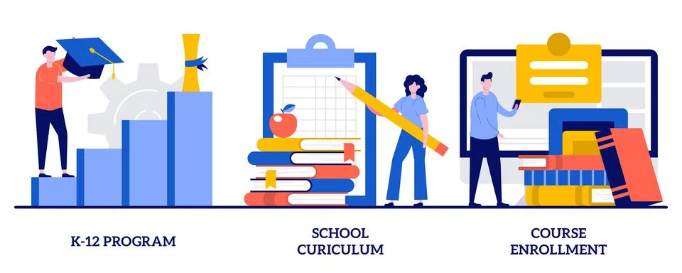 K-12 program, school curriculum, course enrollment concept with tiny people.. Stock Illustration