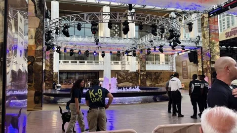 K-9 Security Team and Handlers Patrol Event Area by Fountain at Lincoln Center Stock Footage 340571782