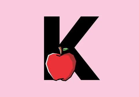 K initial letter with red apple in stiff art style Stock Illustration