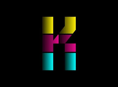 K letter font, vector logo made of Cmyk color. Dynamic split blue, pink, yell Illustrazione stock