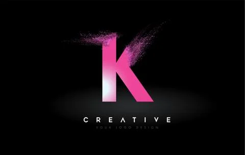 K Letter Logo with Dispersion Effect and Purple Pink Powder Particles Expandi Illustrazione stock