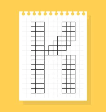 K letter on notepad sheet of squared paper, made of squares. Vector illustrat Illustrazione stock