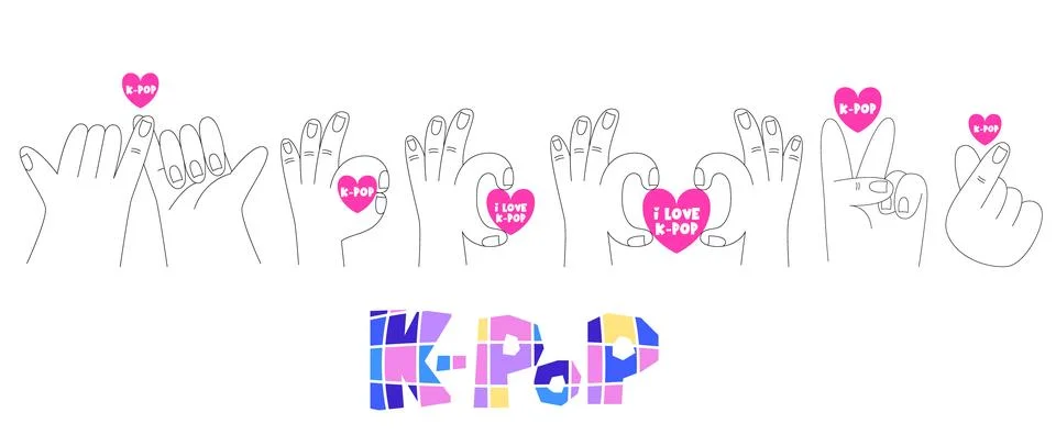 K-Pop Hand Gestures Set with Korean Finger Heart and Pink Hearts Line Art I.. Stock Illustration