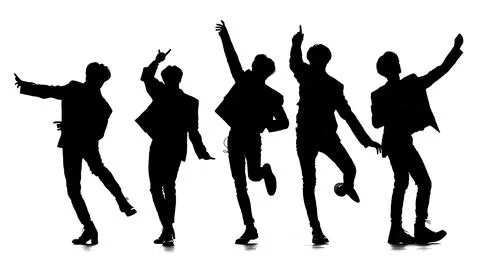 K-Pop Music Group in Synchronized Dance Poses Silhouettes Stock Illustration