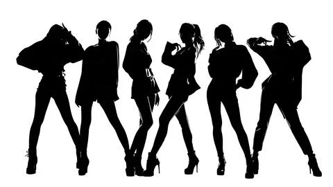 K-Pop Music Group in Synchronized Dance Poses Silhouettes Stock Illustration