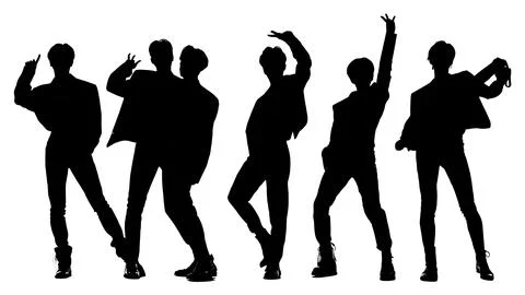 K-Pop Music Group in Synchronized Dance Poses Silhouettes Stock Illustration