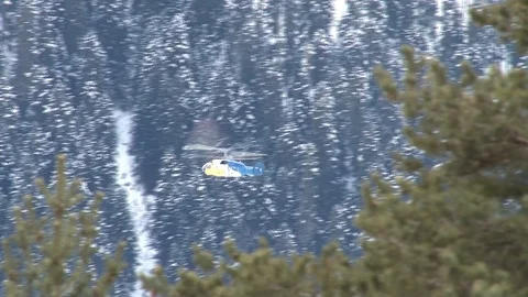 Ka-32 performs level flight against background of snow-capped mountains. Stock Footage 106799475
