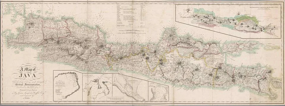 Kaart van Java met vijf bijkaartjes.Map of Java, the borders and coasts. 5... Stock Photos