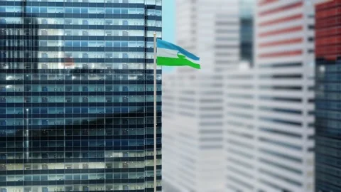 Kabardino Balkaria Flag 3D Render Animation on Pole with Modern City Buildin Video stock 332949227