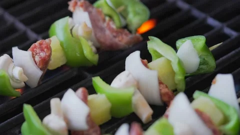 Kabobs placed on grill close up Stock Footage 197167253