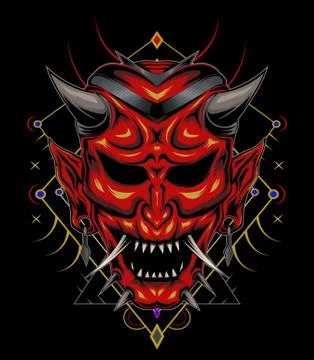 Kabuki illustration. red devil face illustration. vector head of red demon. 스톡 일러스트