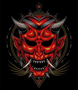 Kabuki illustration. red devil face illustration. vector head of red demon. Stock Illustration