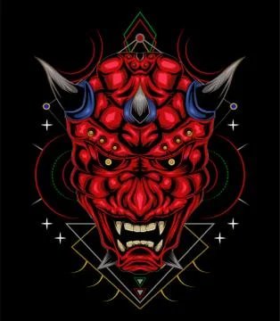 Kabuki illustration. red devil face illustration. vector head of red demon. Stock Illustration