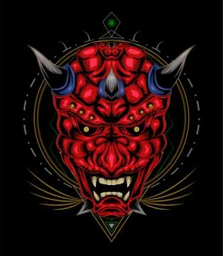 Kabuki illustration. red devil face illustration. vector head of red demon. Illustrazione stock