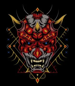 Kabuki illustration. red devil face illustration. vector head of red demon. Stock Illustration