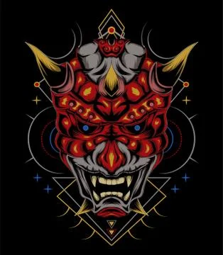 Kabuki illustration. red devil face illustration. vector head of red demon. Illustrazione stock