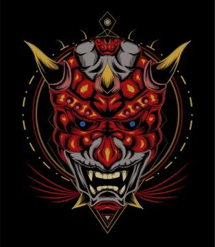 Kabuki illustration. red devil face illustration. vector head of red demon. Illustrazione stock