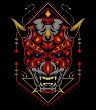 Kabuki illustration. red devil face illustration. vector head of red demon. 스톡 일러스트