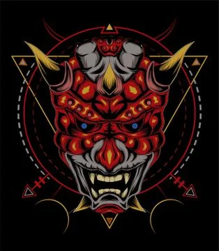 Kabuki illustration. red devil face illustration. vector head of red demon. Stock Illustration