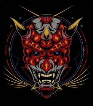 Kabuki illustration. red devil face illustration. vector head of red demon. Illustrazione stock