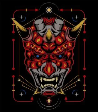 Kabuki illustration. red devil face illustration. vector head of red demon. Stock Illustration