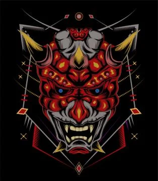 Kabuki illustration. red devil face illustration. vector head of red demon. Illustrazione stock