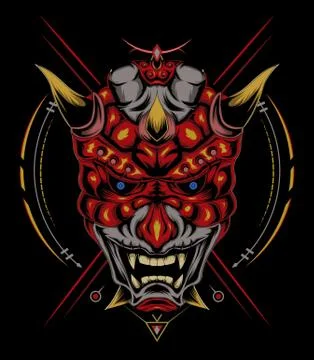 Kabuki illustration. red devil face illustration. vector head of red demon. 스톡 일러스트