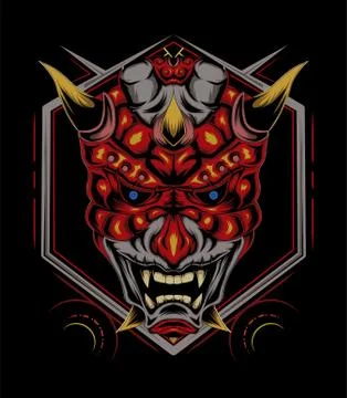 Kabuki illustration. red devil face illustration. vector head of red demon. Stock Illustration