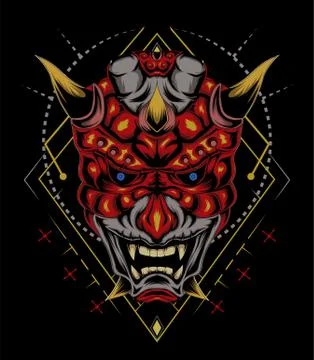 Kabuki illustration. red devil face illustration. vector head of red demon. Stock Illustration