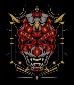 Kabuki illustration. red devil face illustration. vector head of red demon. j Stock Illustration