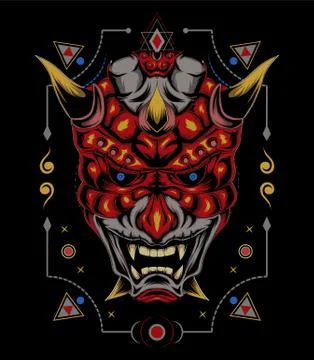 Kabuki illustration. red devil face illustration. vector head of red demon. Stock Illustration