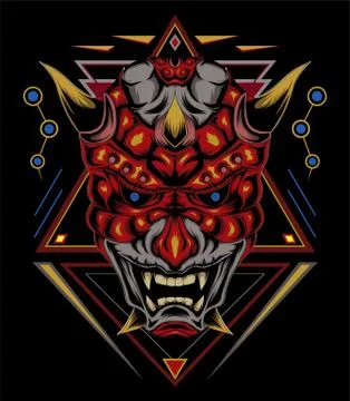 Kabuki illustration. red devil face illustration. vector head of red demon. Stock Illustration