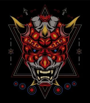 Kabuki illustration. red devil face illustration. vector head of red demon. イラスト素材